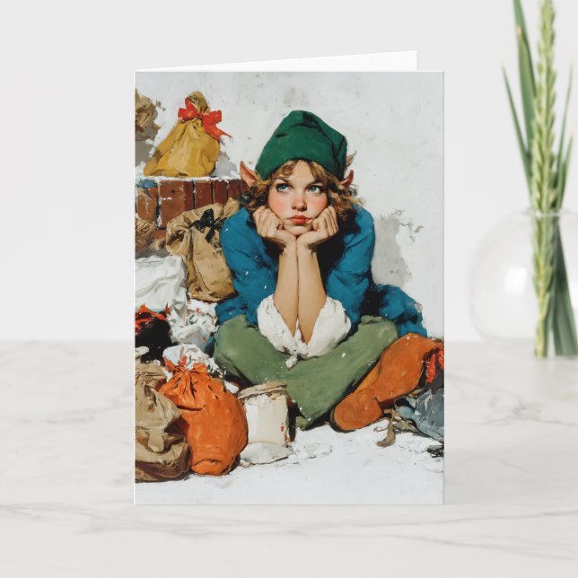 Whimsical Elf Among Gift Bags Feiertagskarte (Vorderseite)