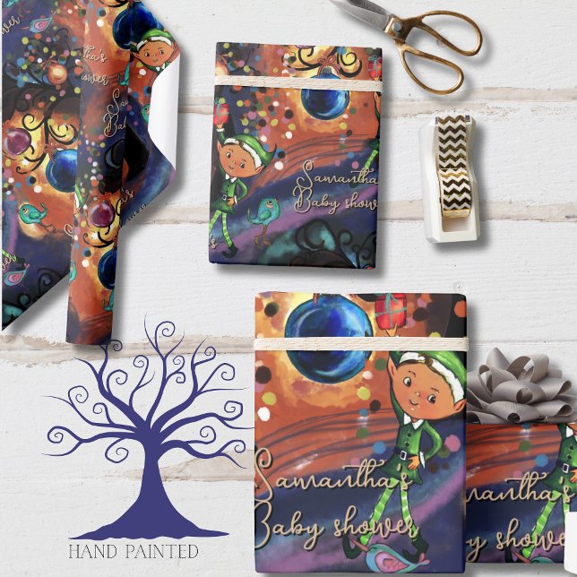 Whimsical Elf & Bird Baby Shower Personalized  Geschenkpapier (Whimsical Elf & Bird Baby Shower Personalized Wrapping Paper)