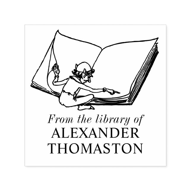 Whimsical Elf Reading Large Book Library Name Permastempel (Design)