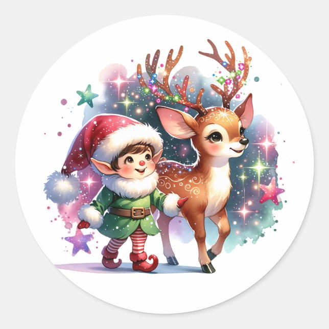 Whimsical Elf und Reindeer Christmas Runder Aufkleber (Vorderseite)