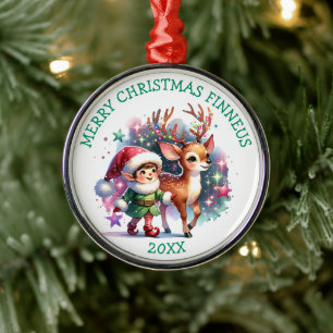 Whimsical Elf und Rentier Weihnachten Personalisie Ornament Aus Metall