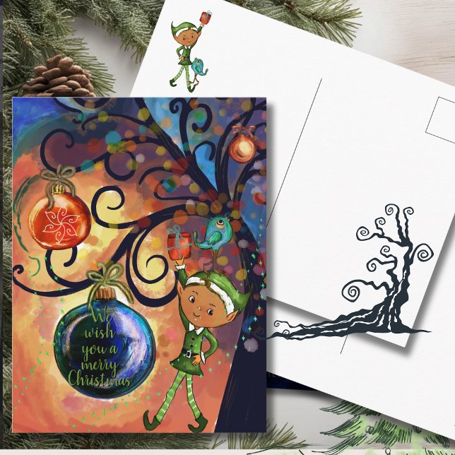 Whimsical Elf with Bird under a Tree Christmas  Postkarte (Whimsical Elf with Bird under a Tree Christmas Postcard)