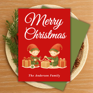 Whimsical Elves Wrapping Weihnachtsgeschenke Feiertagskarte