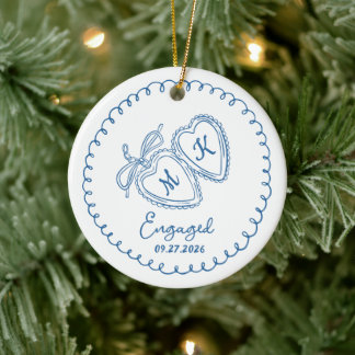 Whimsical Engaged Couple Blue Hearts Trendy Doodle Keramik Ornament