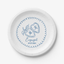 Whimsical Engaged Couple Blue Hearts Trendy Doodle
