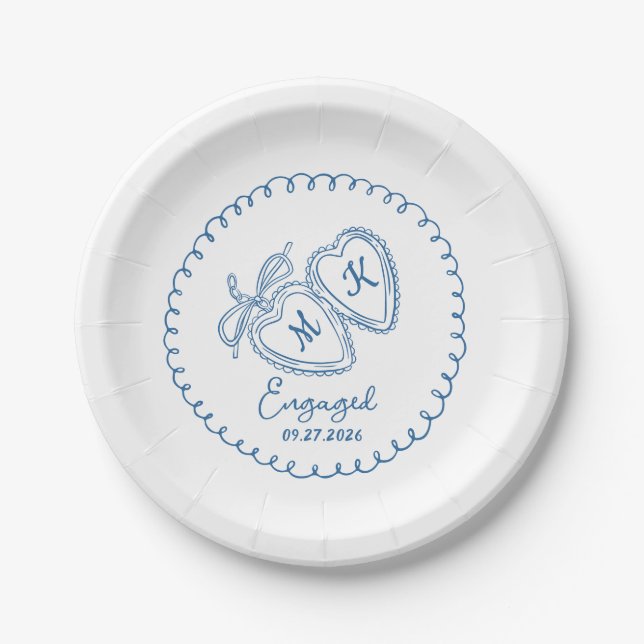 Whimsical Engaged Couple Blue Hearts Trendy Doodle Pappteller (Vorderseite)