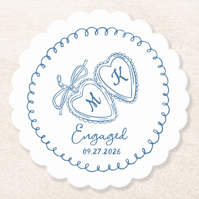 Whimsical Engaged Couple Blue Hearts Trendy Doodle Untersetzer (Vorderseite)