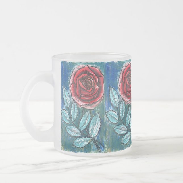 Whimsical-Expressionist-Rote-Rose-Teal-Blätter-Kaf Mattglastasse (Links)