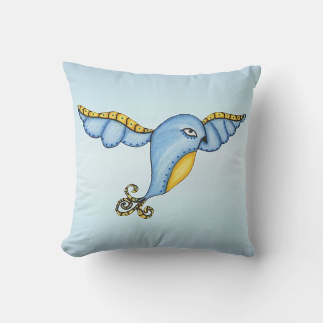 Whimsical Extravagant Fantasy Blue Bird Yellow Acc Kissen (Vorderseite)