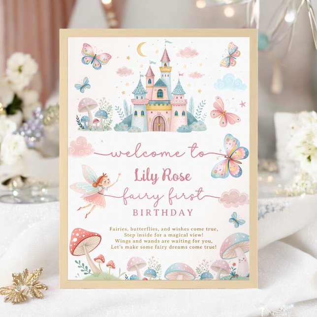 Whimsical Fairy 1. Geburtstag Party Magischer Empf Poster (Whimsical Fairy 1st Birthday Party Magical Welcome Poster)
