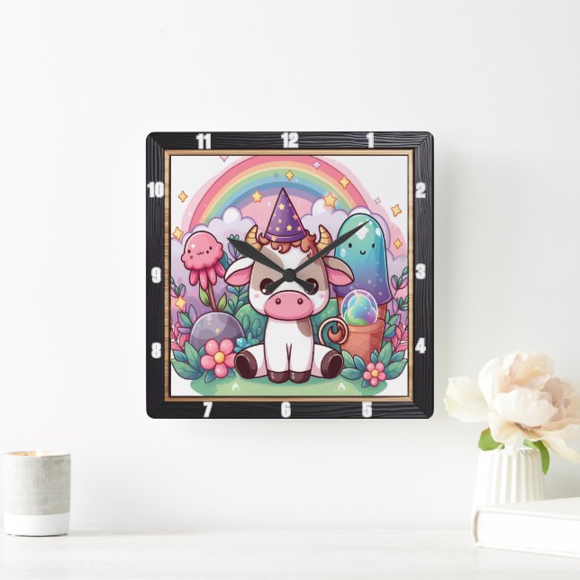 Whimsical Fairy Cow Rainbow Quadratische Wanduhr (Zuhause)