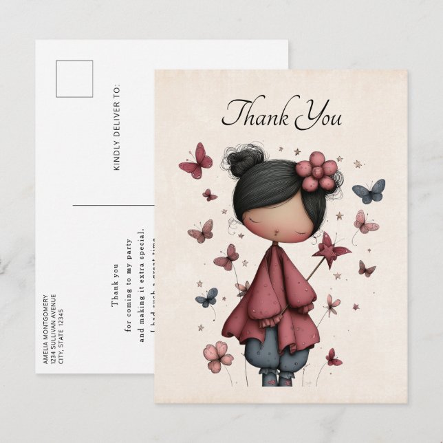 Whimsical Fairy Doll Retro Cute Thank You Postkarte (Vorne/Hinten)