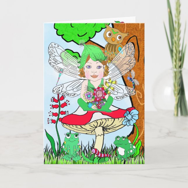 Whimsical Fairy Elf auf Magic Mushroom Geburtstag Karte (Vorderseite)
