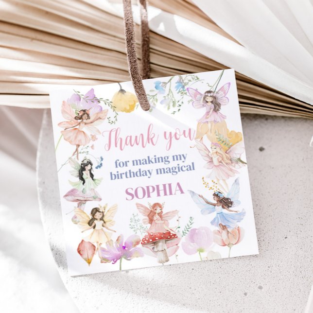 Whimsical Fairy First Birthday Party Square Geschenkanhänger (Whimsical Floral Fairy First Birthday Party Square Favor Tags)