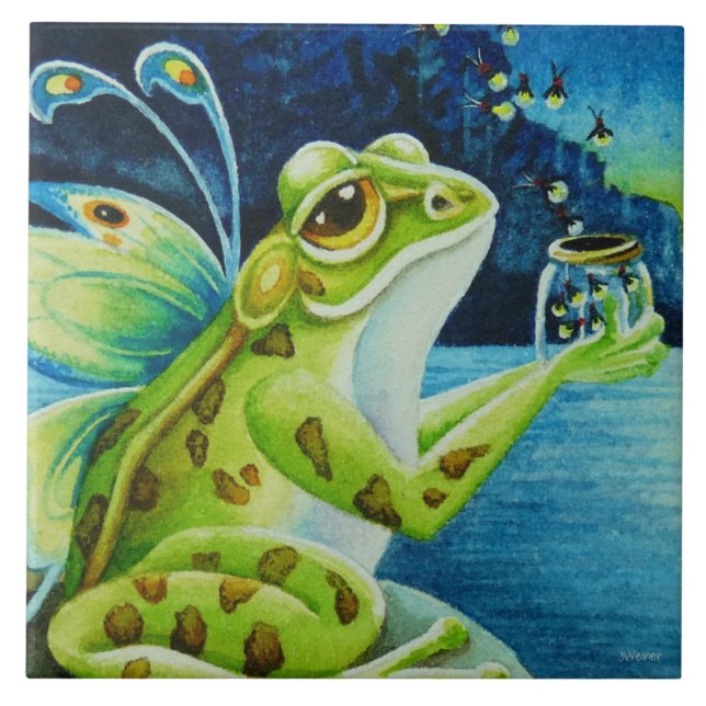 Whimsical Fairy Frog & Fireflies Wasserfarben Kuns Fliese (Vorderseite)