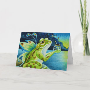 Whimsical Fairy Frog & Fireflies Wasserfarben Kuns Karte