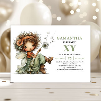 Whimsical Fairy Girl 6th Birthday Dusty Green  Einladung