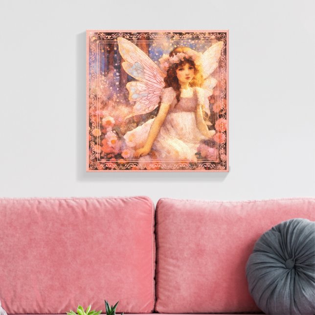 Whimsical Fairy in Dreamy Pink Floral Garden Leinwanddruck (Insitu (Wohnzimmer))