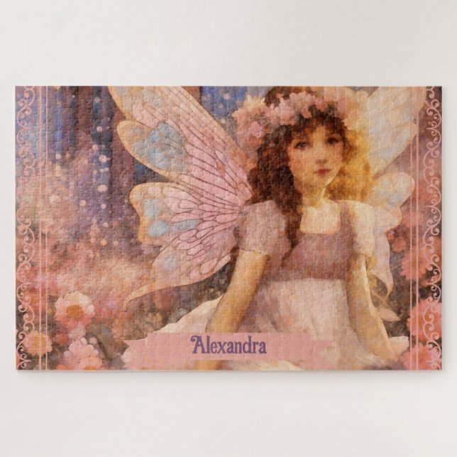 Whimsical Fairy in Dreamy Pink Floral Garden Puzzle (Horizontal)