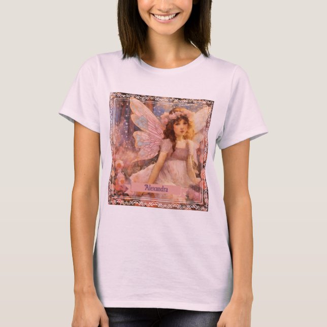 Whimsical Fairy in Dreamy Pink Floral Garden T-Shirt (Vorderseite)