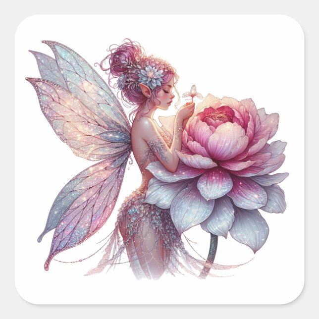 Whimsical Fairy mit übergroßer Blume Quadratischer Aufkleber (Vorderseite)