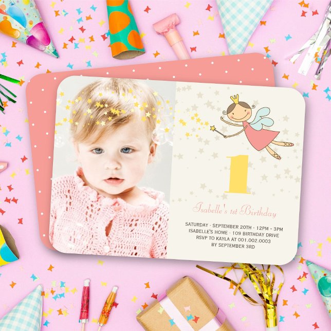 Whimsical Fairy Princess Girl 1. Geburtstag Foto Einladung (Whimsical Pink Magical Fairy Princess Girl's 1st Birthday Party Photo Invitation @ fat_fa_tin)