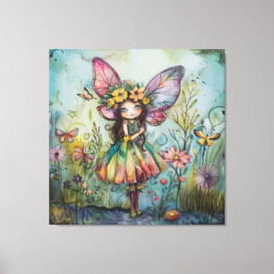 Whimsical Fairy, Schmetterlinge und Wildblumen Leinwanddruck