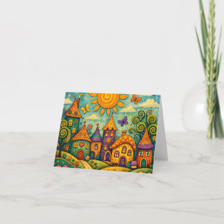Whimsical Fairy Tale Village Colorful Canvas Art Dankeskarte