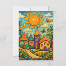 Whimsical Fairy Tale Village Colorful Canvas Art Dankeskarte
