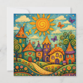 Whimsical Fairy Tale Village Colorful Canvas Art Dankeskarte