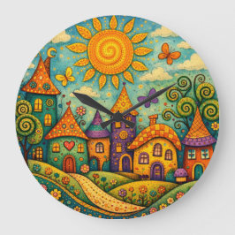 Whimsical Fairy Tale Village Colorful Canvas Art Große Wanduhr