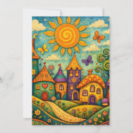 Whimsical Fairy Tale Village Colorful Canvas Art Mitteilungskarte