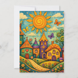 Whimsical Fairy Tale Village Colorful Canvas Art Mitteilungskarte