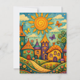 Whimsical Fairy Tale Village Colorful Canvas Art Mitteilungskarte