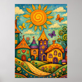 Whimsical Fairy Tale Village Colorful Canvas Art Poster