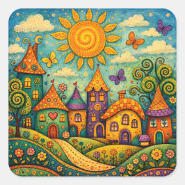 Whimsical Fairy Tale Village Colorful Canvas Art Quadratischer Aufkleber