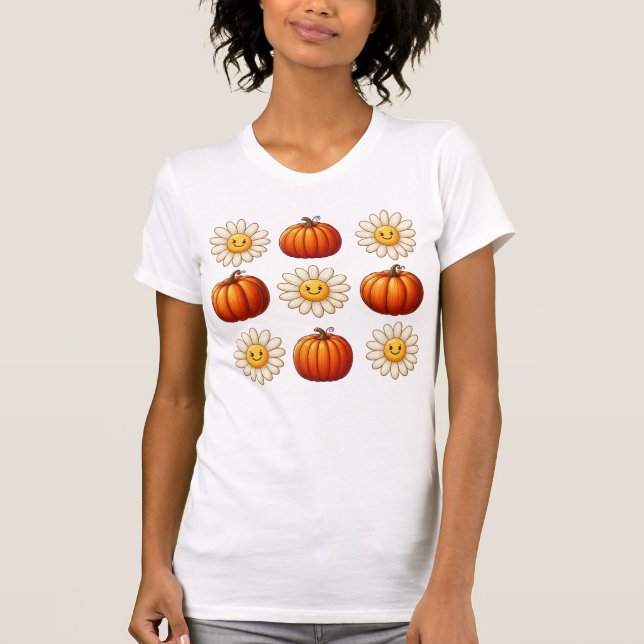 Whimsical Fall Daisy und Pumpkins T-Shirt (Vorderseite)