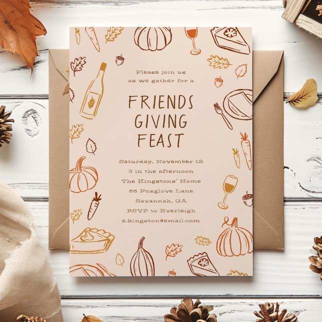 Whimsical Fall Doodles Friendsgiving Abendessen Einladung (whimsical pumpkin and fall leaves doodles Friendsgiving invitation)