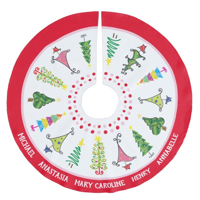 Whimsical Family Names Red Pink Weihnachtsbaumen Polyester Weihnachtsbaumdecke (Vorderseite)
