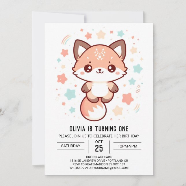 Whimsical Fantasy Fox 1. Geburtstag Einladung (Vorderseite)