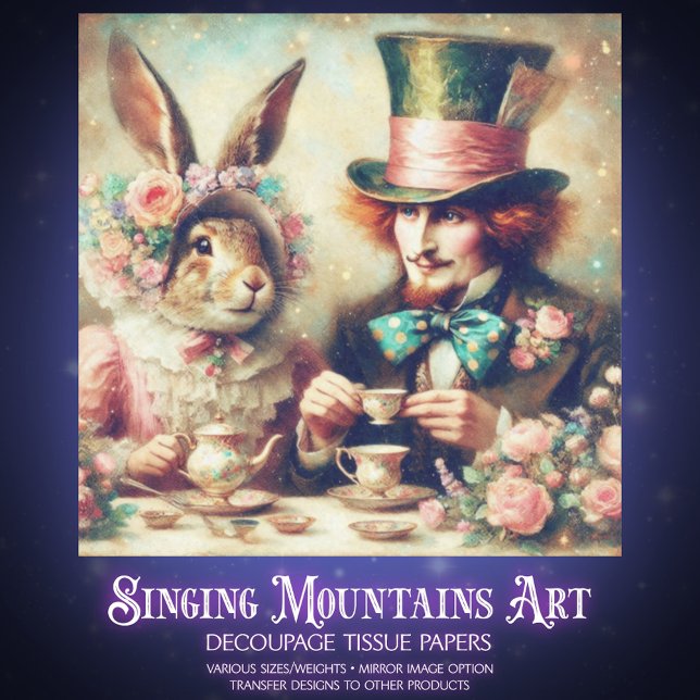 Whimsical Fantasy Mad Hatter Rabbit Tea Decoupage Seidenpapier (Von Creator hochgeladen)