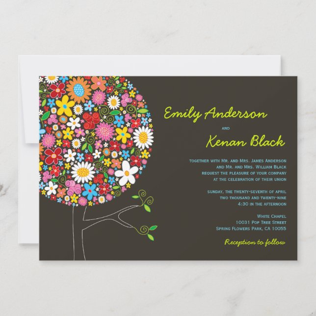 Whimsical farbenfrohe Frühlingsblumen Pop Tree Hoc Einladung (Vorderseite)