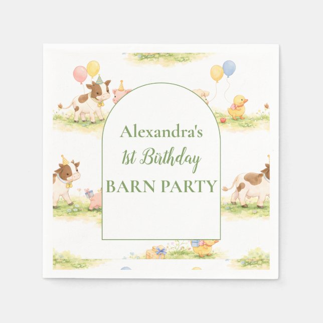 Whimsical Farm Animals Pastel 1st Birthday Serviette (Vorderseite)
