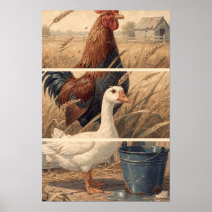 Whimsical Farm Fauna Kunstprint mit Gans Poster