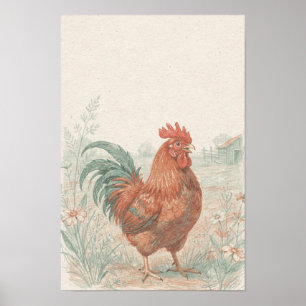 Whimsical Farm Fauna Kunstprint mit Hahn Poster