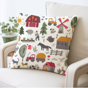 Whimsical Farm Scene Red Barn and Animes Kissen
