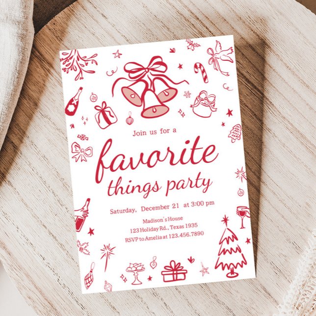 Whimsical Favorite Things Weihnachts-Party Einladung (Hand Drawn Favorite Things Christmas Party Invitation)