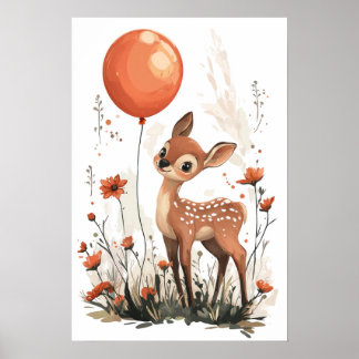 Whimsical Fawn Holding Orange Ballon in Wildfloss Poster