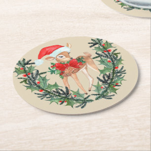 Whimsical Fawn Kreath Runder Pappuntersetzer