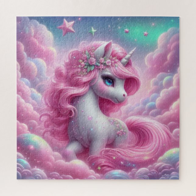 Whimsical Fee Märchen Rosa Glitzer und blaues Einh Puzzle (Vertikal)